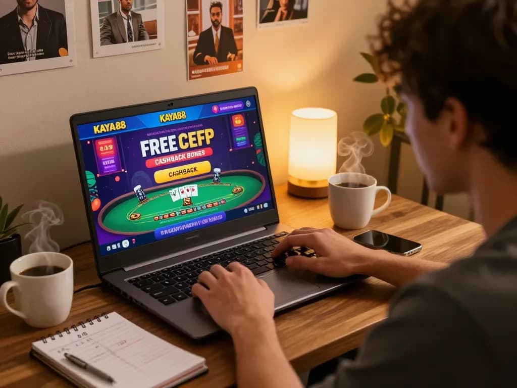 Kaya88 player engaging with offers of free credit and cashback in a cozy online casino setup.
