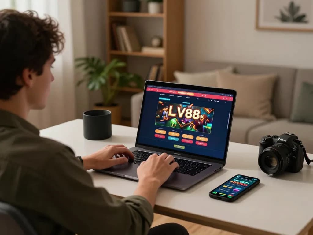 Engaged player using LV88 online casino interface on laptop in cozy home setting.