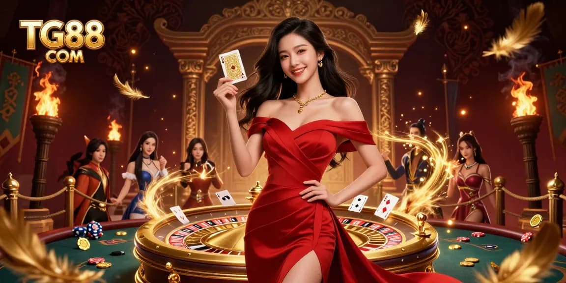 Experience the thrill at TG88 COM with a glamorous casino scene featuring a confident dealer and scattered poker elements.