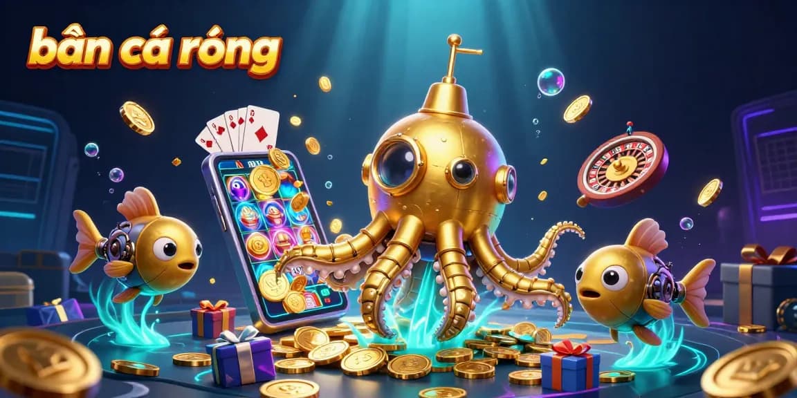 Experience bắn cá rồng with a vivid 3D scene showcasing golden kraken amidst casino game elements.