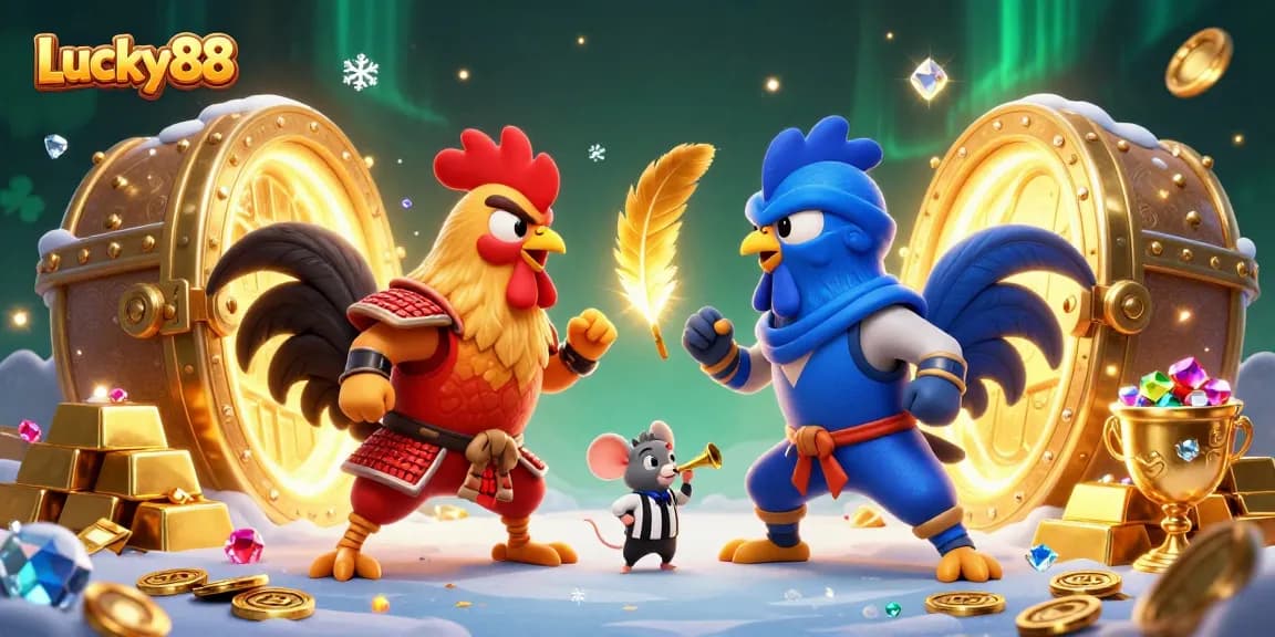 Engage with thrilling Lucky88 action as roosters duel in a vibrant casino atmosphere.