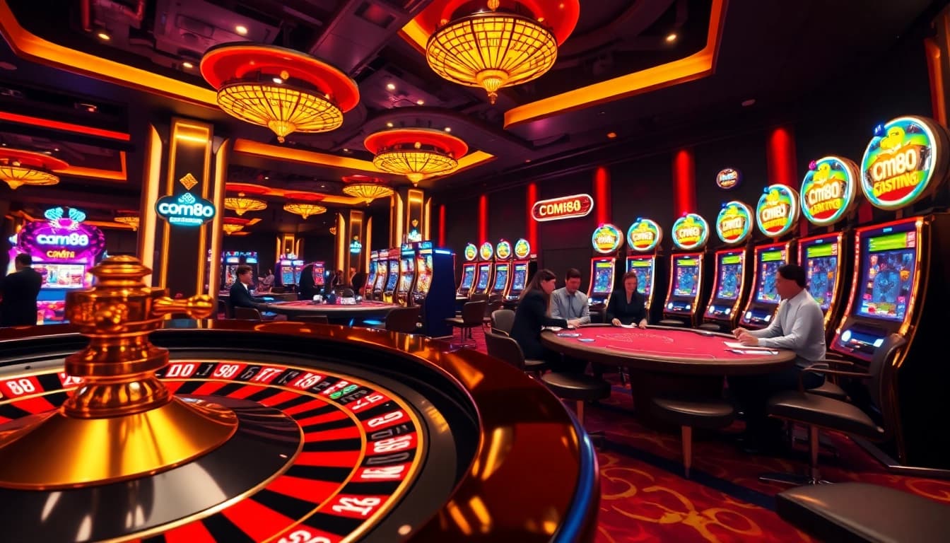 Experience the excitement of gambling at cm88, featuring vibrant tables, chips, and a roulette wheel.