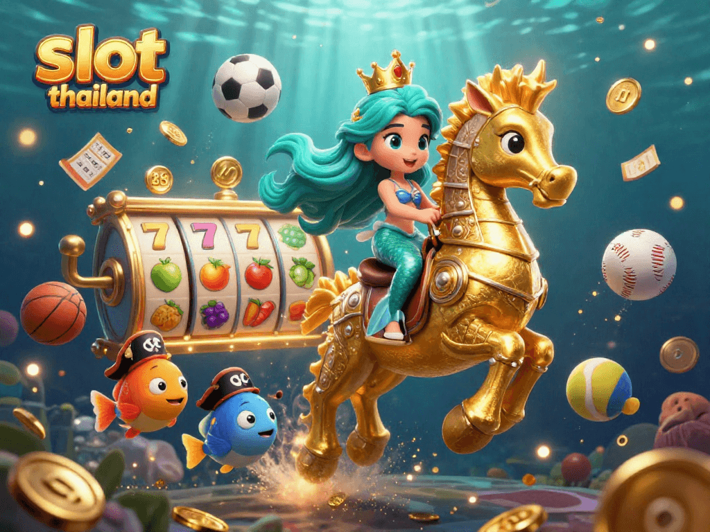 Engage with slot thailand's thrilling jackpot reels amidst colorful underwater characters in a vibrant casino world.