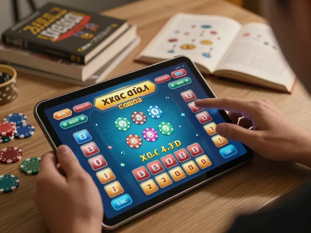 Xóc đĩa gameplay on a tablet with colorful betting interface in a cozy home setting.