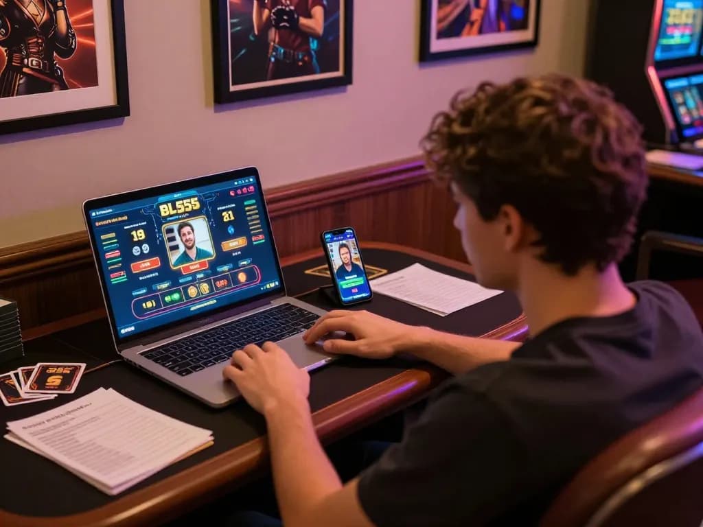 Engaging online gambling session using the BL555 app on a laptop and smartphone in a cozy living room atmosphere