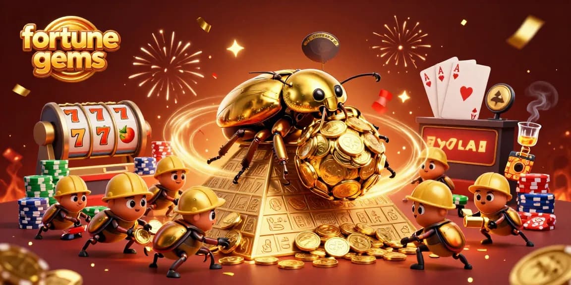 Experience the excitement of fortune gems in this dynamic golden beetle casino scene, showcasing winning symbols.