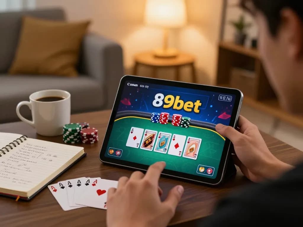 Player strategizing poker at home on 89bet, highlighting tablet display and cozy environment.