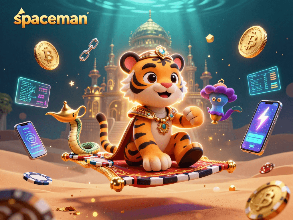 Spin the reels with spaceman in a dazzling Arabic casino scene featuring vibrant crypto elements.