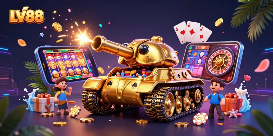 Experience thrilling action at LV88 with a vibrant casino-themed 3D illustration showcasing excitement and fun.