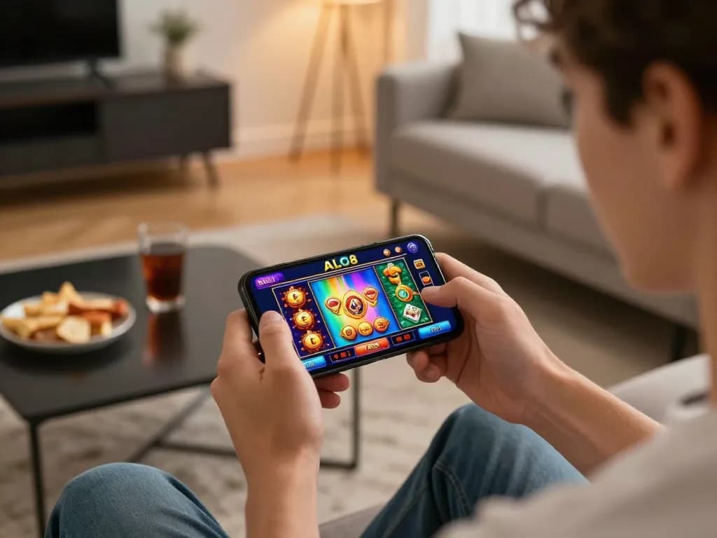 Engaged player enjoying ALO8 slot games on mobile device in cozy living room.