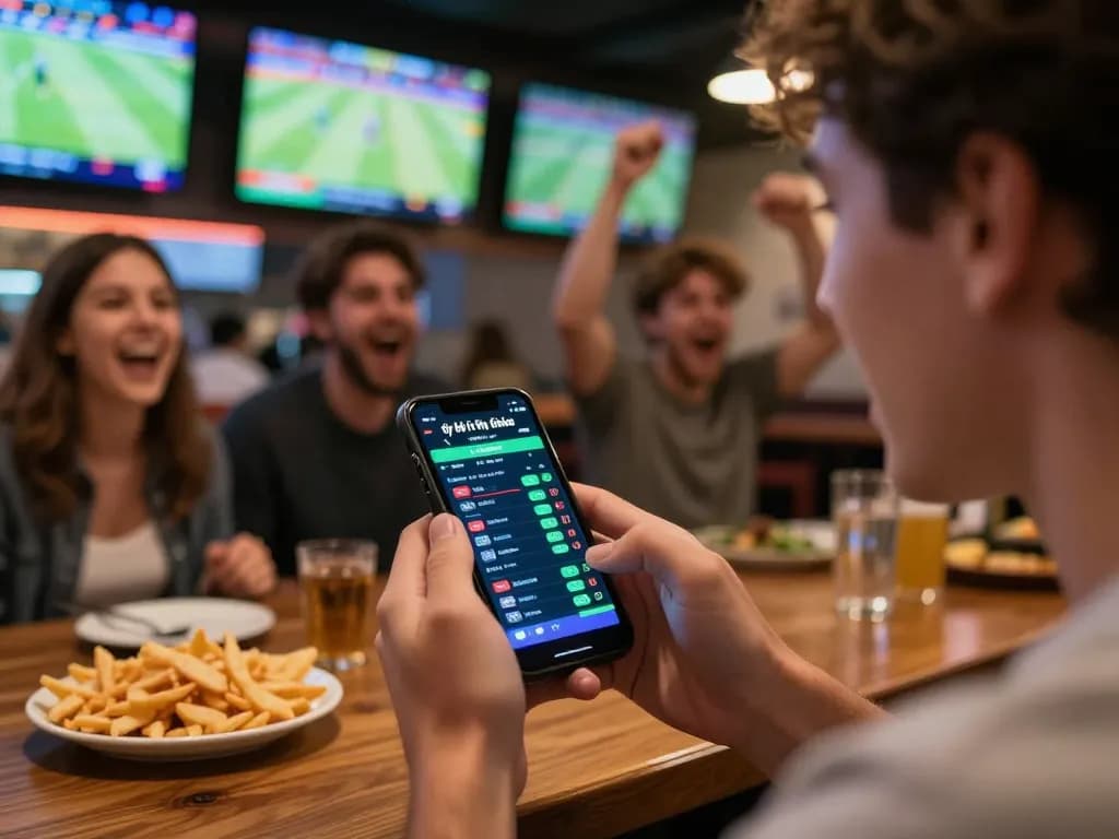 Tỷ lệ kèo trực tuyến displayed on a smartphone as a person watches sports passionately at a sports bar.