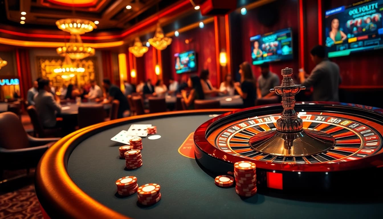 Engaged players enjoying high-stakes games at https://g28.wtf/, featuring vibrant casino tables and poker chips.