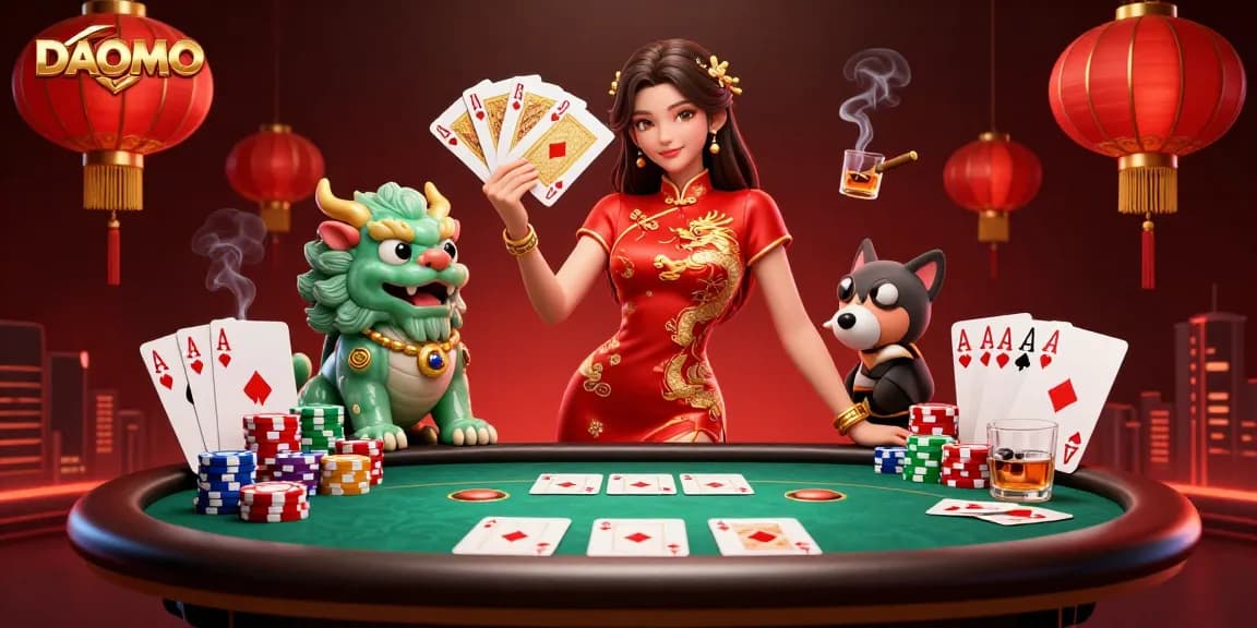 Experience DAOMO's thrilling live casino with an elegant dealer amidst vibrant elements.