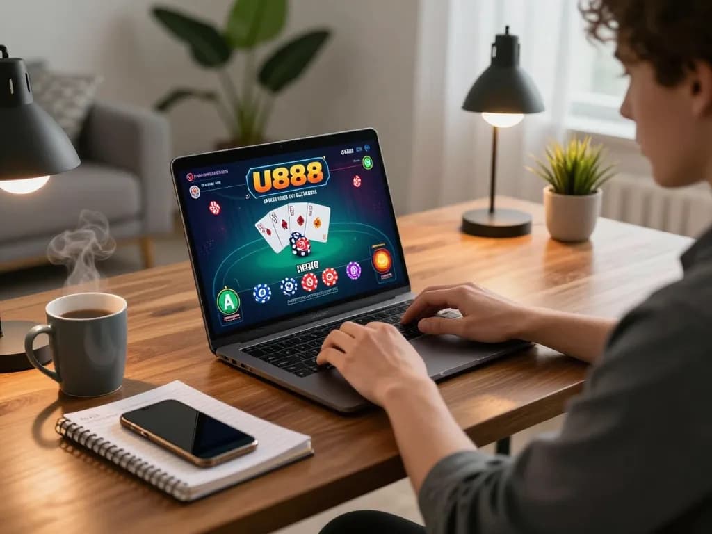 Engaging in online poker with U888 at a cozy home office setting, showcasing strategic gameplay.