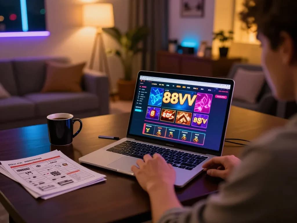 Engaging in online casino gaming on 88vv with a laptop and betting notes.
