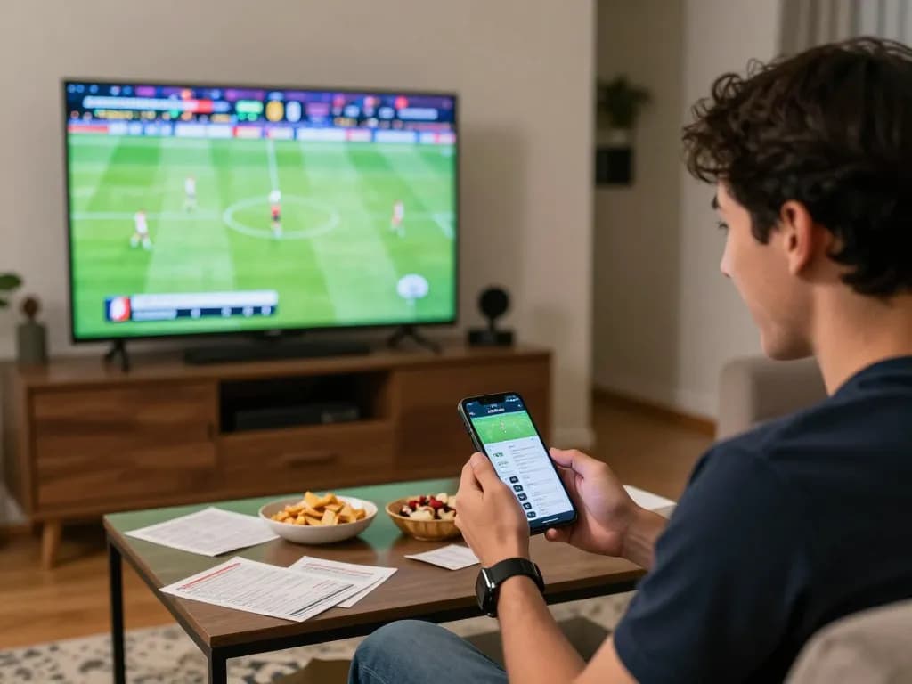 Xoilac bóng đá enthusiasts celebrating wins while using mobile betting apps in a lively home setting.