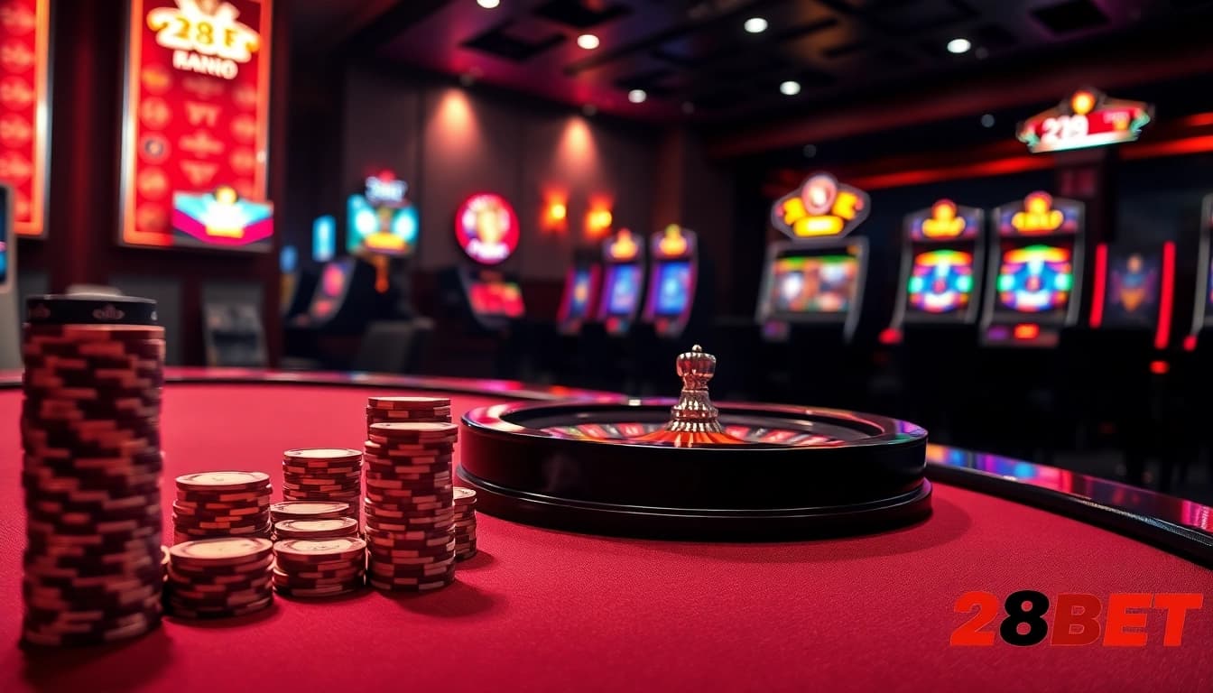 Experience the thrill of 28BET at a professional poker table stacked with chips and a spinning roulette wheel.