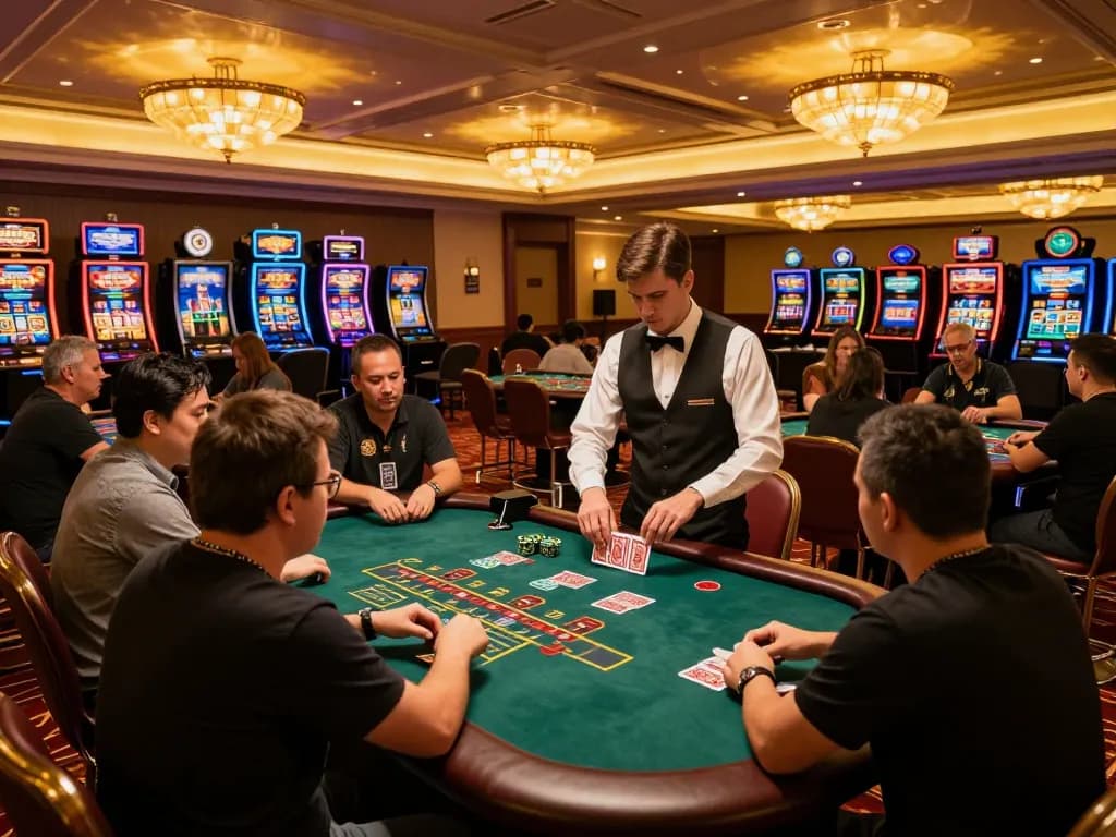 Players at VA88 blackjack table making strategic bets in a vibrant casino atmosphere.
