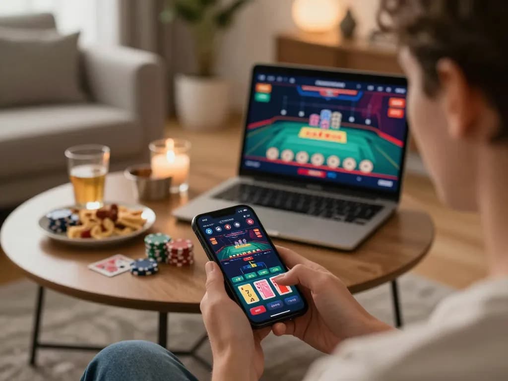 Player engaging with mb668 online casino app, showcasing live dealer games on smartphone with casual home setting