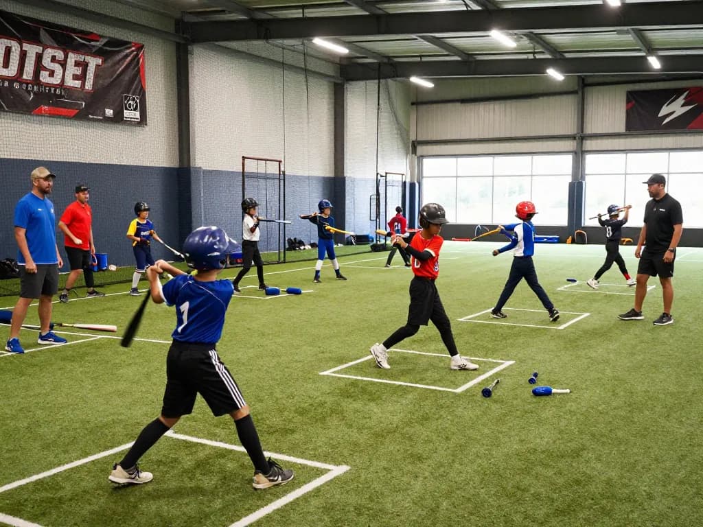 Youth players in bat training at hitclub facility showcasing teamwork and skill development.