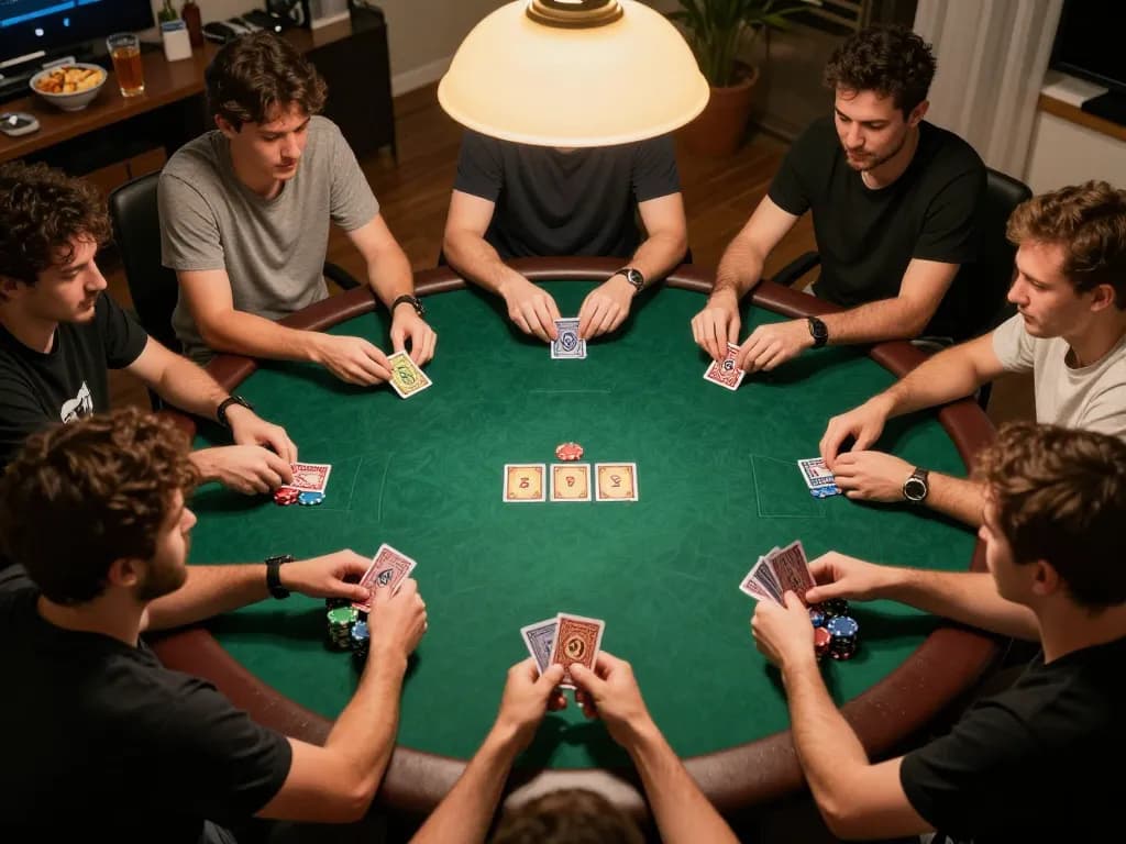 Engaged players at home poker night with sc88 poker game strategy, vibrant atmosphere, colorful chips and cards in action.