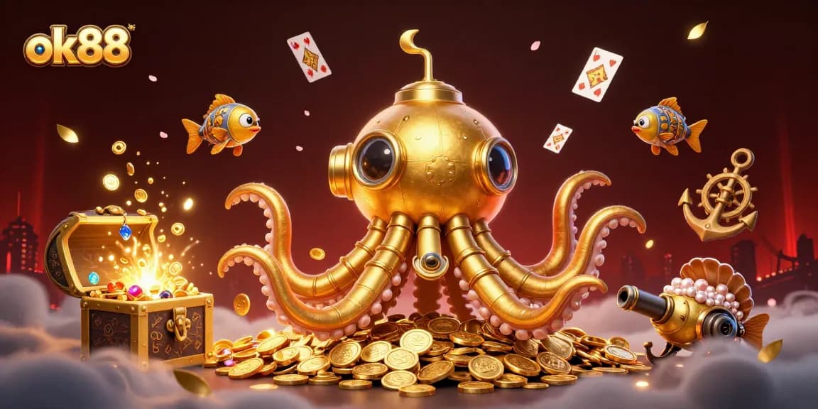 Engage with exciting action at ok88 featuring a golden kraken submarine amidst a treasure-filled sea.
