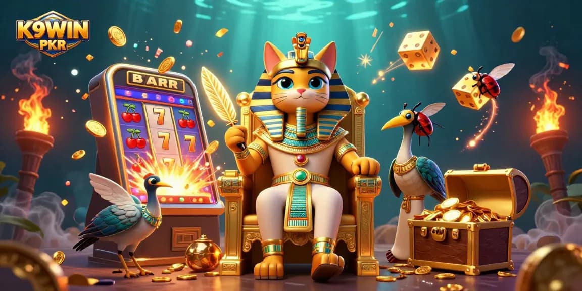 Engage in thrilling gaming with K9WIN PKR, featuring a pharaoh cat and vivid casino elements.