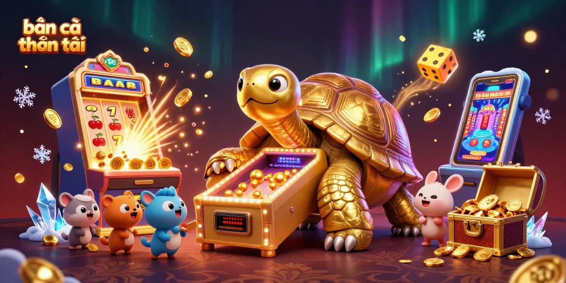 Bắn cá thần tài features a golden tortoise pinball machine with vibrant casino elements, engaging players in dynamic excitement.