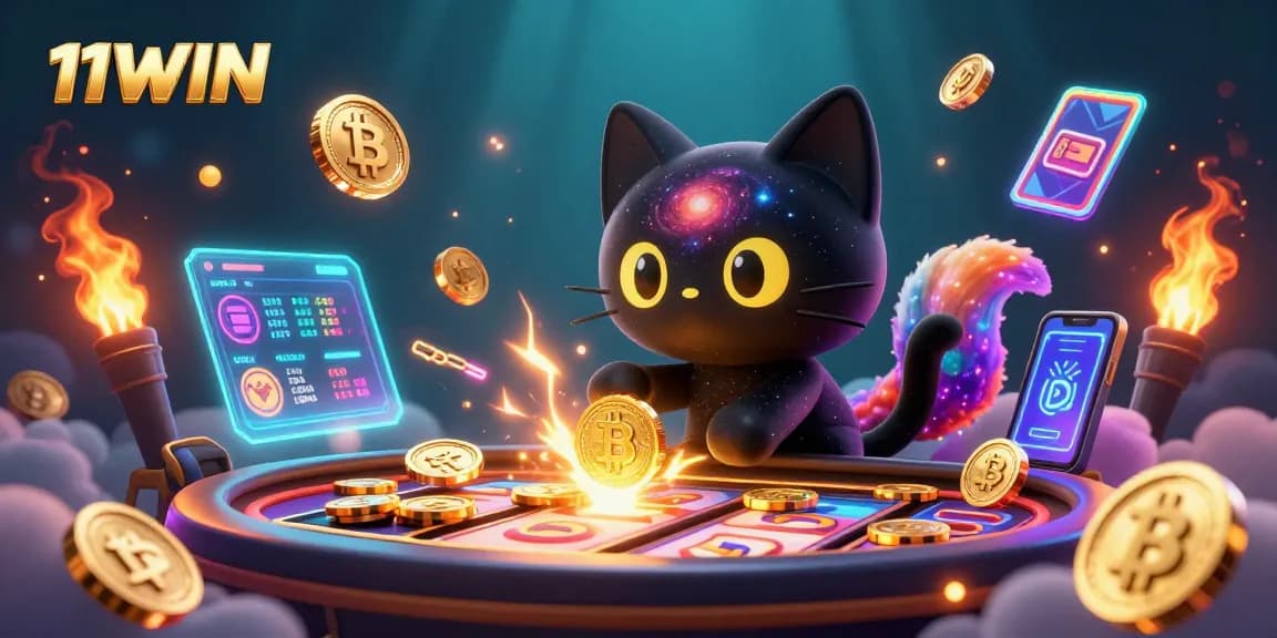 Experience the magic of 11WIN as the black hole cat draws in golden slots, crypto coins, and vibrant colors.