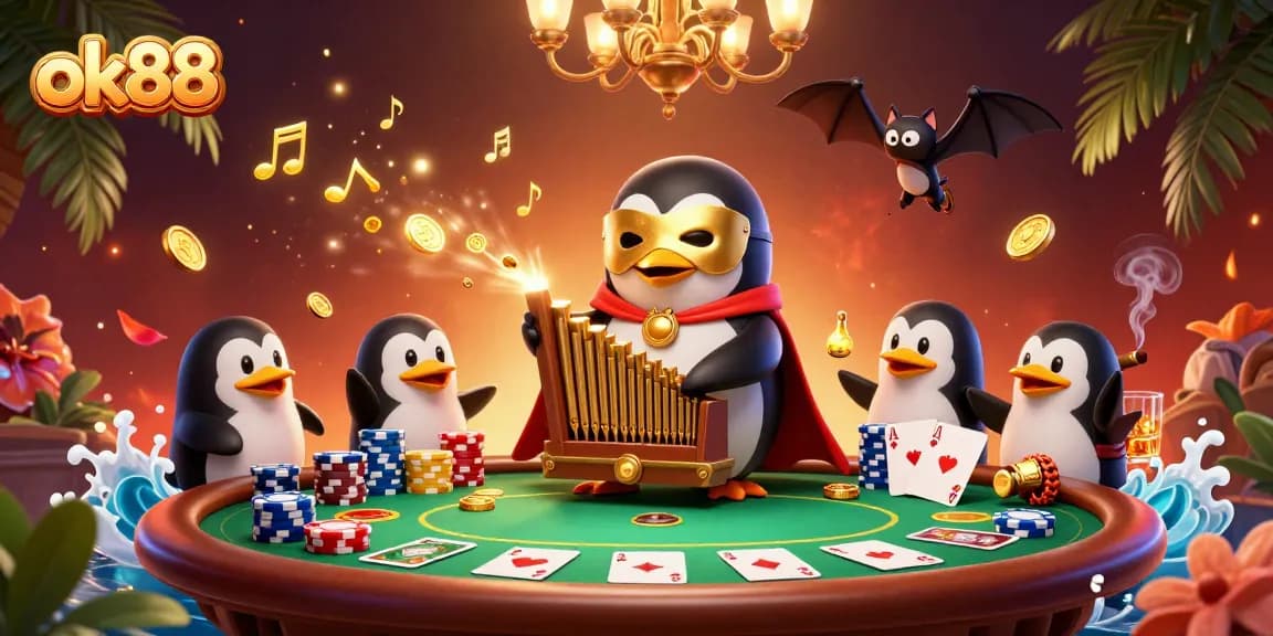 ok88 captivates players with a vibrant scene of gambling excitement featuring a cartoon penguin.