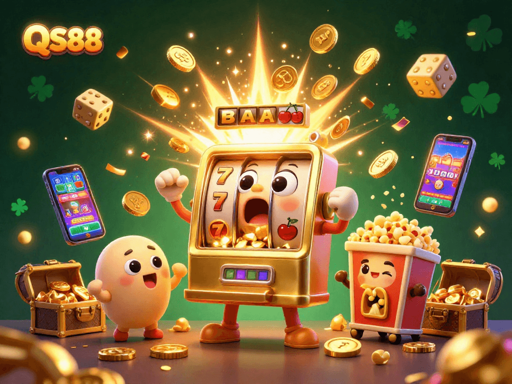 Experience thrilling wins at QS88 as a 3D golden slot machine celebrates a jackpot amidst flying symbols and golden treasures.