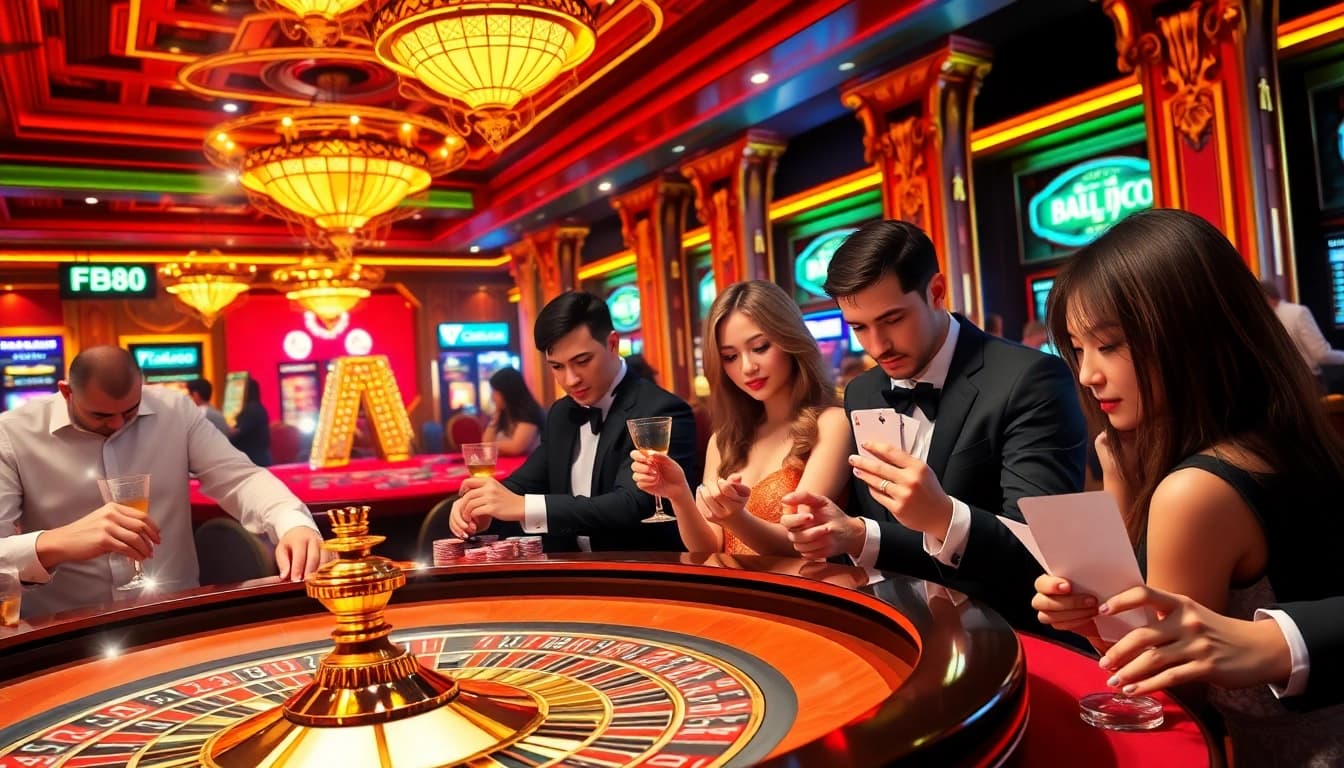 Casino FB88 players enjoying the thrill of a roulette table, showcasing vibrant colors and lively atmosphere.