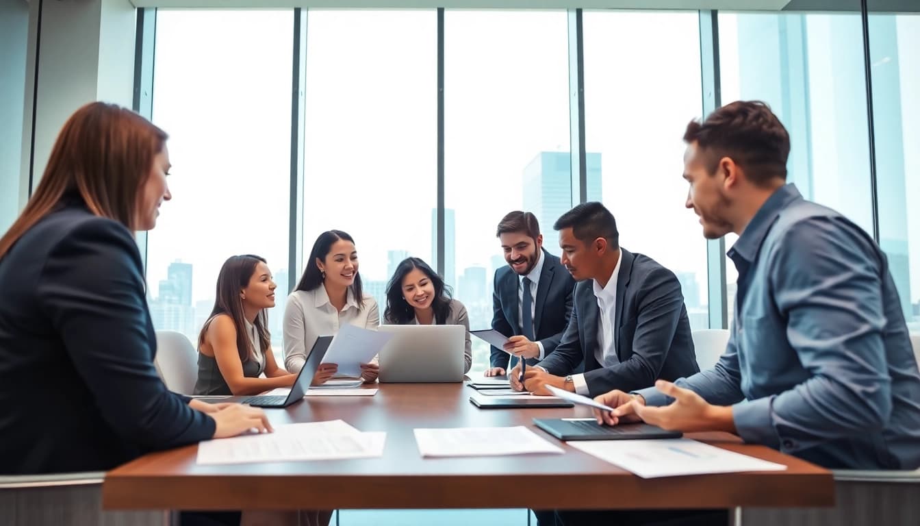 Engaging corporate meeting discussing background checks services in a modern office.