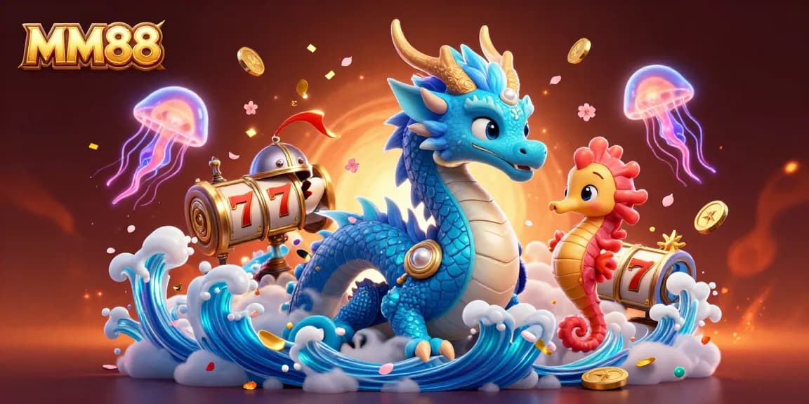 Engage with MM88, the ultimate 3D casino world featuring a water dragon, seahorse knight, and vibrant slot elements.