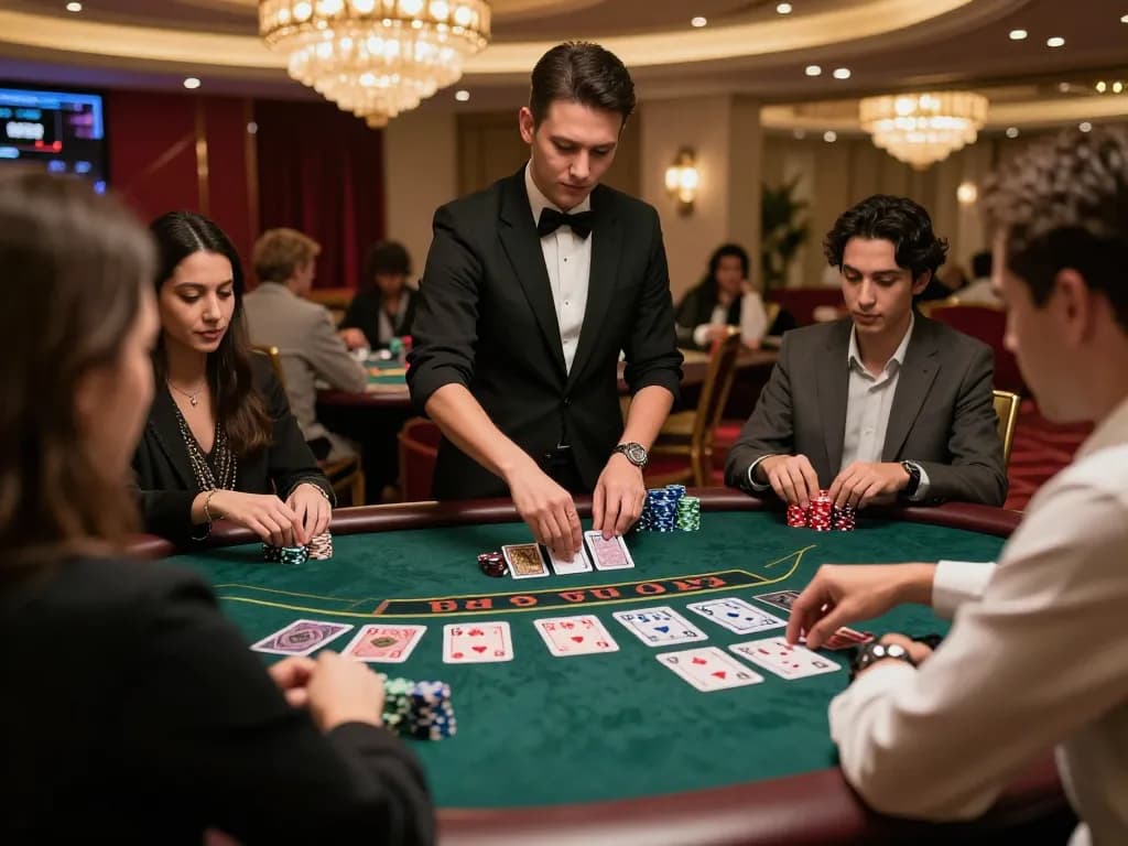 Players strategize at a blackjack table at f8betz casino, featuring professional dealer and luxurious decor.