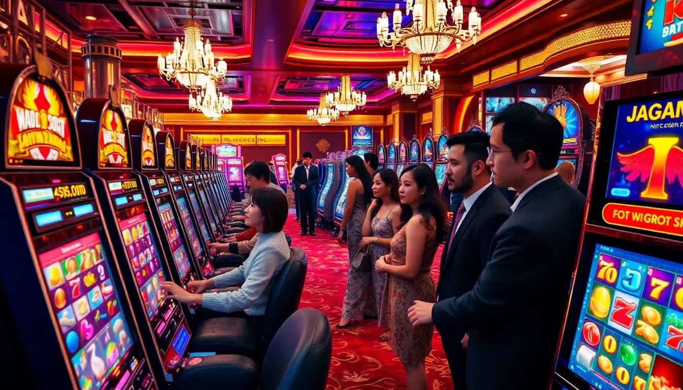 Nổ Hũ Đổi Thưởng players enjoying exciting slot machines in a glamorous casino setting, capturing the thrill of winning.
