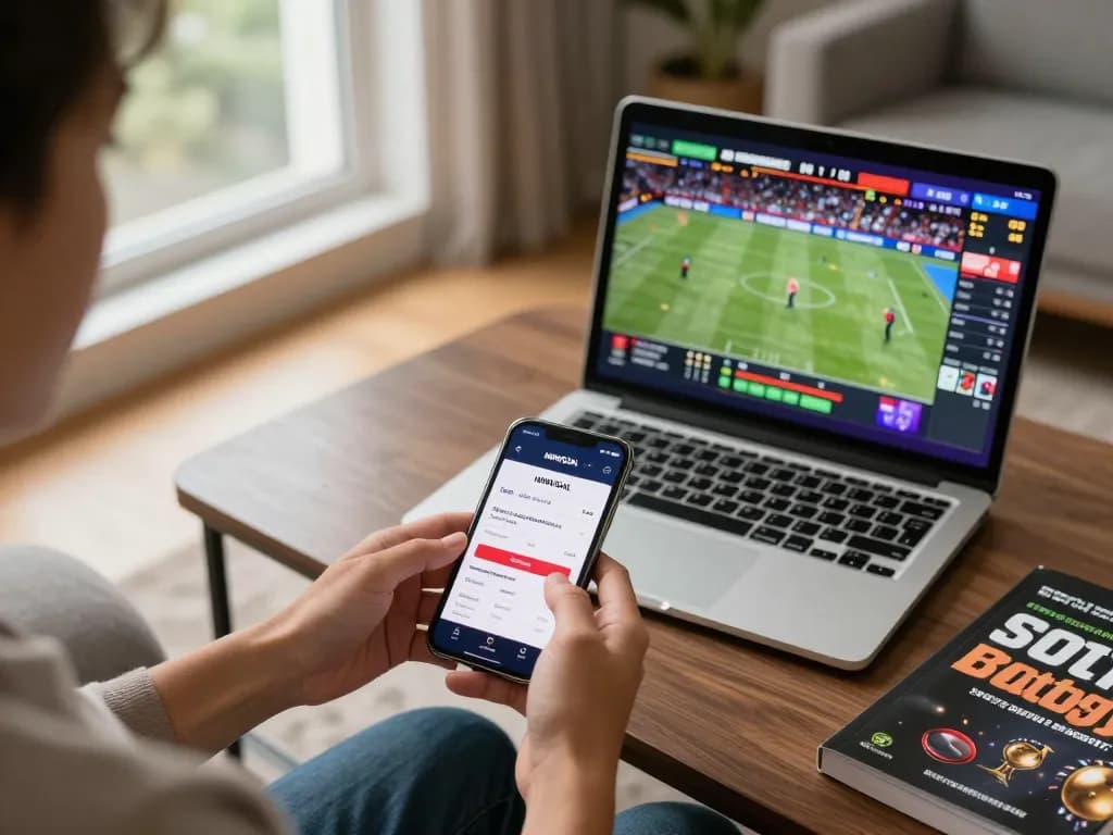 Engaged user exploring NOWGOAL sports betting app on smartphone in modern living room.
