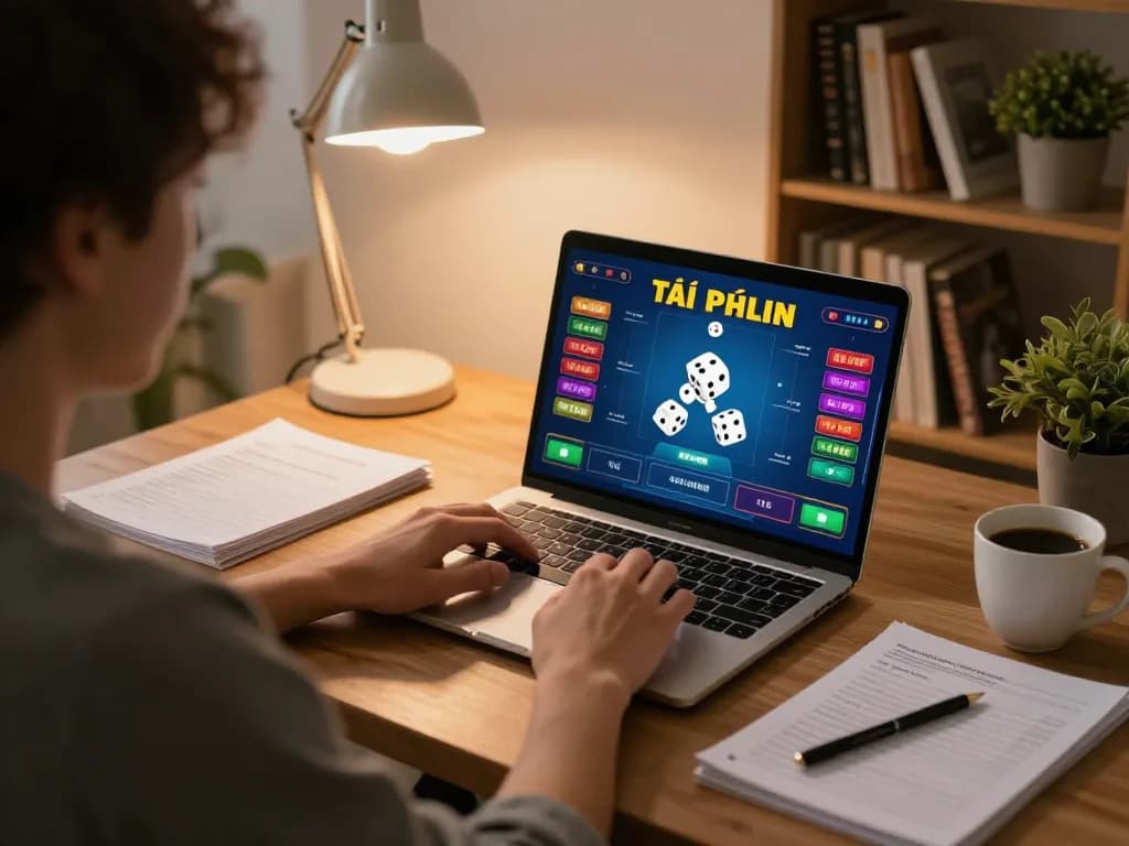 Engaging in tài xỉu online gameplay with a live dice interface on a laptop in a cozy home office setting