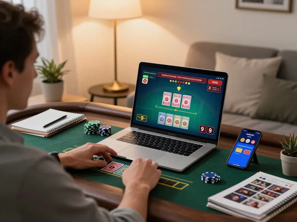 BOMWIN player strategizing on a live casino game during a cozy home gaming session.
