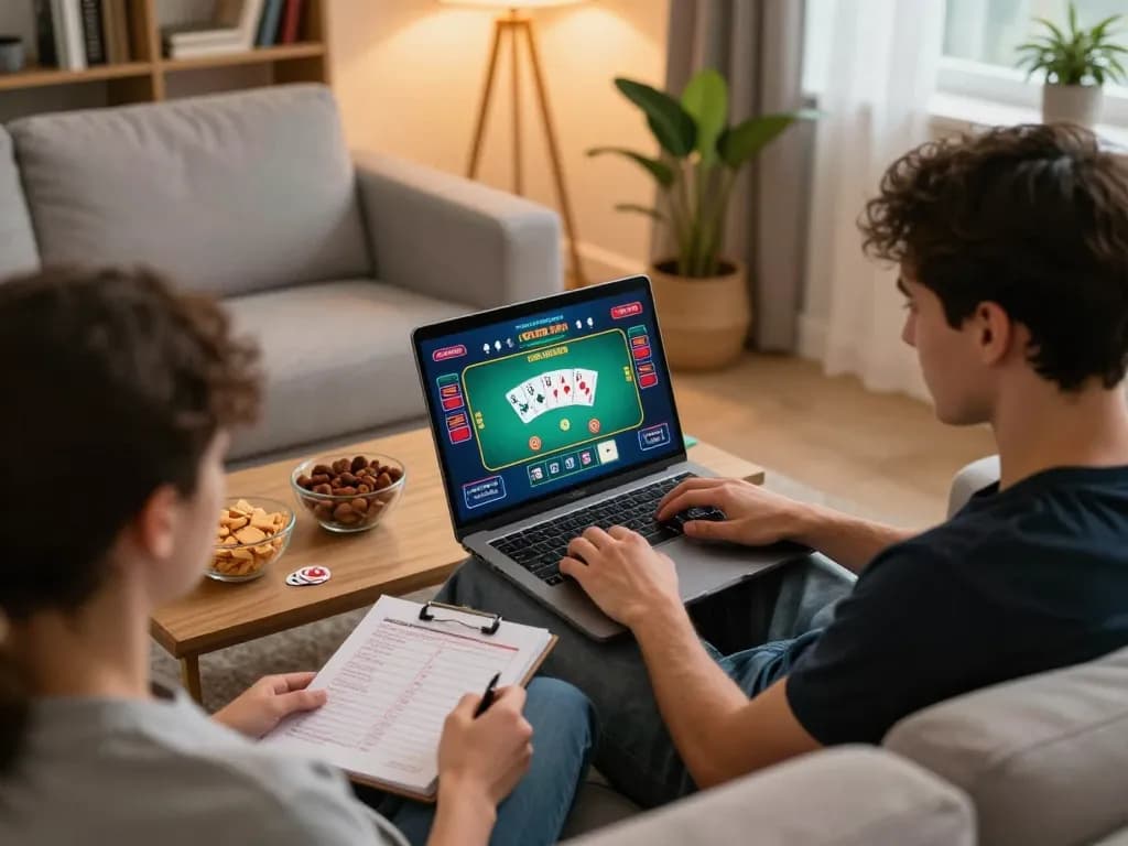 Engaging in an online poker game at home, showcasing responsible gambling with xin88.
