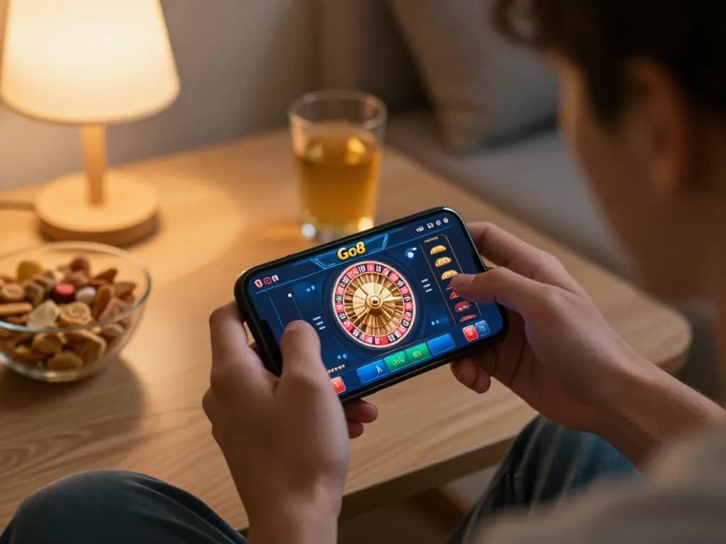 Engaged player using Go8 mobile app for immersive gambling experience at home