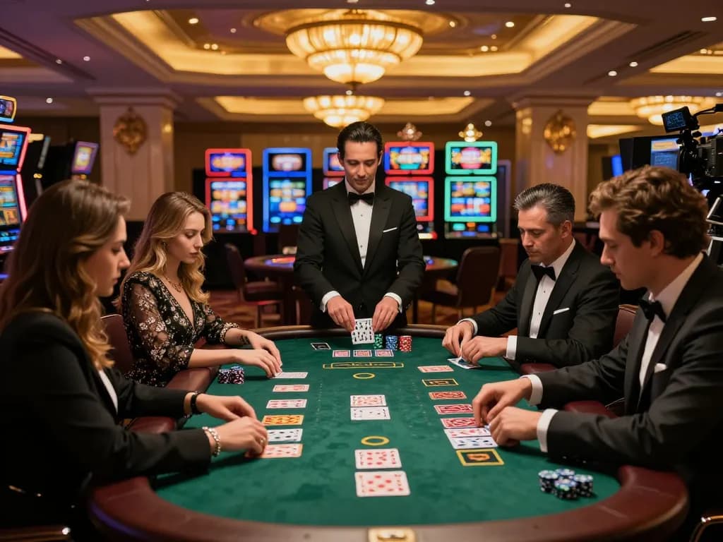 Engaged players at blackjack table in KM777 casino, featuring dynamic betting activity and rich decor.