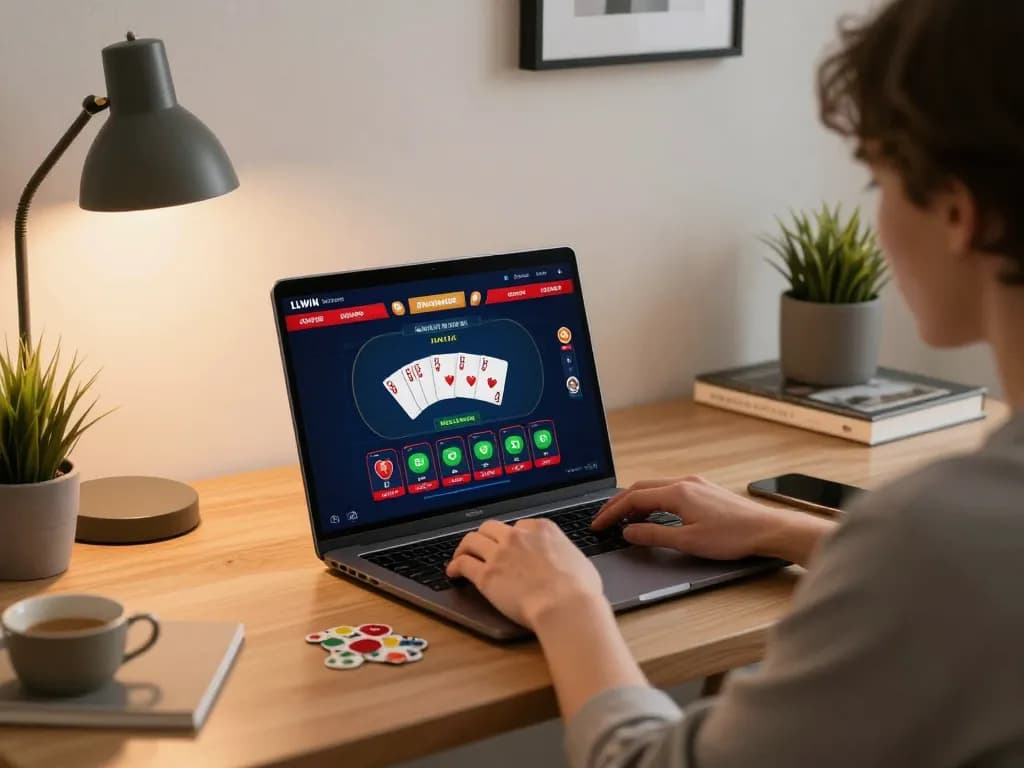 Engaging in LLWIN online casino gaming with a poker game on a laptop in a cozy home setting