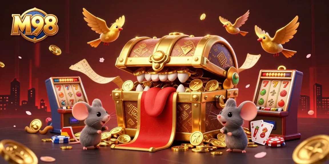 M98 captures the essence of thrill with an enchanting treasure chest scene filled with vibrant slot machines.