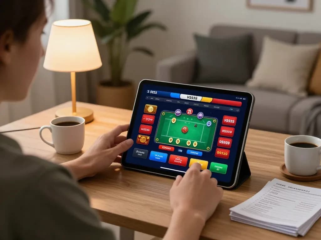 Enjoying a poker game on the VS555 casino app in a cozy home setting with strategy notes visible.
