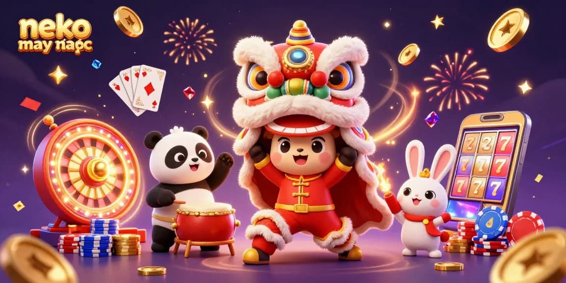 Experience the thrills of neko may mắn slot game with festive lion dance characters and engaging casino elements.