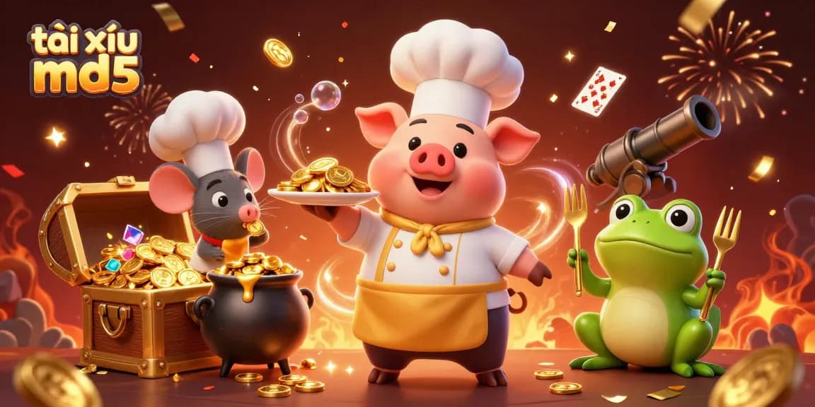 Experience the excitement of tài xỉu md5 with a lively scene of winning characters and gold coins.