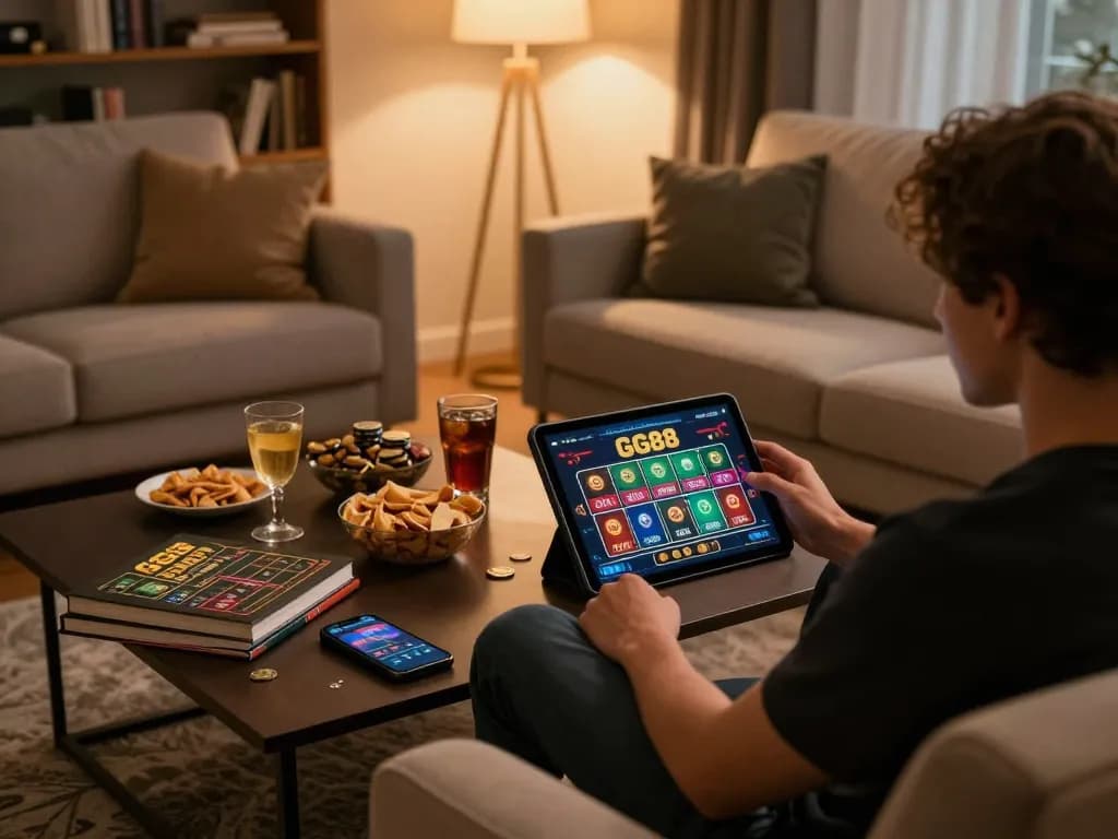 Playing casino games at https://gg88.cool/ on a tablet in a cozy home setting with snacks and strategy notes.
