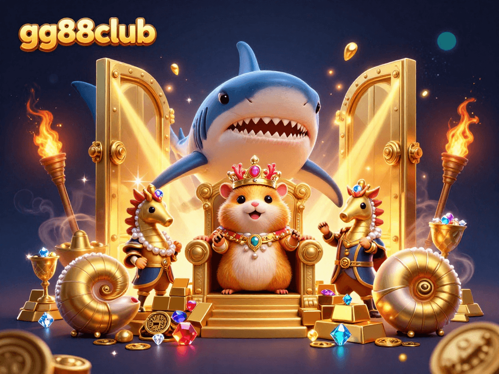 Experience the dynamic excitement of gg88club with a golden hamster king and seahorse guards amidst treasures!