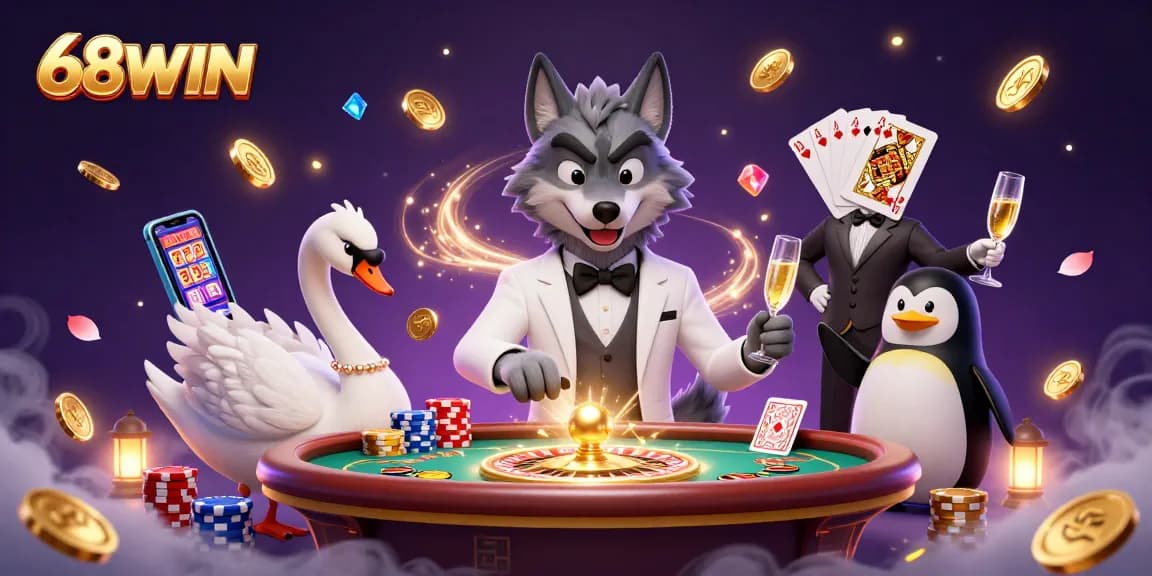 Experience thrilling wins at 68WIN with an exciting casino scene featuring unique characters and games.